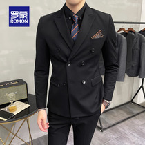 Romon groom wedding suit mens double-breasted solid color business casual professional suit black suit three-piece set