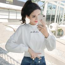 High-waisted womens pullover tide cool waist short Korean version 2021 spring white high-end fashion round neck top