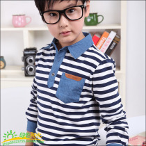  Spring and autumn childlike boy long sleeve T-shirt CUHK Tong pure cotton sweatshirt child denim shirt capsized 3090