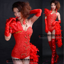 New Years Eve party red nightclub DS performance suit Jazz female singer performance feather skirt bandeau one-piece lead dance performance