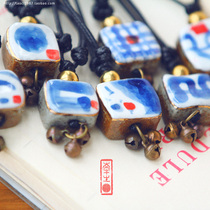 Ceramic 1987 Jingdezhen jewelry creative pure hand painted personality small square retro necklace blue and white porcelain pendant