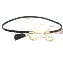 Retro twist woven belt thin Korean Joker female metal waist chain tassel lingered leather rope black nepoise