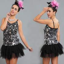 Lan Gui Workshop Foreign Dress Nails black sequins Latin dance suit Sling Short Dress Sexy Dew Back Small Gown Miniskirt