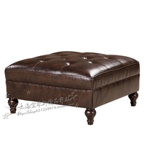 American country living room leather pull buckle sofa pedal long strip shoe stool European style solid wood soft bag leather pedal