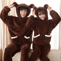 Autumn and winter coral velvet couple pajamas female thick cute cartoon hooded bear flannel men and women home clothing set