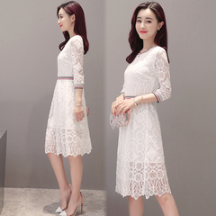 2017年春季新款白色五分袖拼接收腰镂空蕾丝中长款韩版连衣
