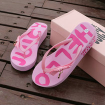 Summer lady herringbone slippers Korean version trendy slopes heel clip beach shoes asymmetrical graffiti thick underfloor sandals women