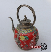Antique antique miscellaneous silver-plated porcelain pot White copper seedling silver bag porcelain jug bag Silver printed teapot decoration wine set