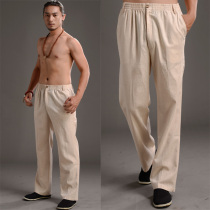 Chinese style pure cotton coarse cloth Middle-aged Tang clothing National clothing Hanfu mens trousers lay clothes traditional casual pants
