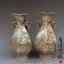 Imitation dry length white bronze vase Hei Upper brow hexagonal vase A pair of retro decorative handicraft pendulum pieces