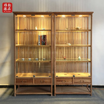 Old elm paint-free glass book wine tea display cabinet Chinese solid wood with lock storage display shelf custom