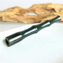 Natural Xinjiang Hetian Jade Jade Jade cigarette mouth bamboo green Wen play hand piece pieces pipe to send box