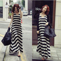 Plus size fat girl long skirt big swing thin waist striped suspender dress bohemian beach skirt pure cotton fat MM