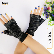 Warm gloves Womens autumn and winter half-finger appliqué elastic velvet leaky finger gloves PU leather gloves Office writing cold