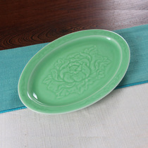 Longquan celadon fish plate 12 inch ceramic tableware Oval steaming plate baking fish plate microwave oven