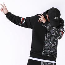 Hong Kong Tide Brand ins Hong Kong Wind Patchwork Sweater Men Camouflage Shark Letter Long Sleeve T-Shirt Print Hoodie