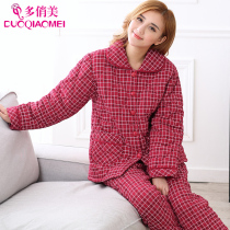 Winter womens cotton padded pajama suit large size cotton three-layer quilted jacket thickened autumn and winter warm home clothes