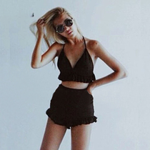 Thai vintage high waist belly fungus edge black halter sexy bikini split swimsuit womens single sale swimming trunks