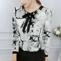 2021 Spring Summer new vintage ink painting chiffon shirt women long sleeve Joker slim lace-up bow top