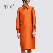 Charm spot 2021 autumn new womens European and American long-sleeved POLO collar dress large size casual medium-long A-line skirt