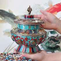 Nepal pure handmade copper silk imitation turquoise eight auspicious treasure bottle rice box rich treasure bottle large