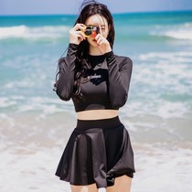 New Korean version of womens swimsuit split high waist skirt black long sleeve sunscreen wetsuit two-piece set belly cover swimsuit