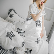 ins Nordic style simple princess three-dimensional five-pointed star black and white plaid set Pure cotton washed cotton bedding four-piece set