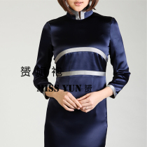 Shanghai old tailor handmade Tibetan blue silver gray silk double crepe women long sleeve short cheongsam spring and autumn improvement
