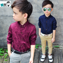 Spring new solid color childrens shirt British style childrens floral dark pattern shirt boys long-sleeved shirt tide
