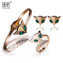 Set Fox imitation green crystal ring female plated 18K rose gold open bracelet earrings birthday gift for girlfriend