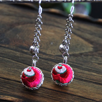 Retro ethnic tassel silver hook Tibetan silver classic embroidery long earrings Yunnan old embroidery earrings special price