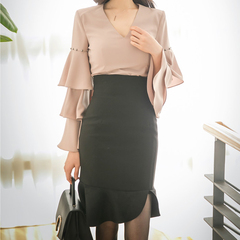 韩版2017春装新款高腰裙荷叶边,鱼尾裙,包臀裙,半身裙,黑色