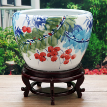 Send the base Jingdezhen ceramic fish tank Hand-painted blue and white fish basin Calligraphy and painting cylinder Lotus cylinder Water lily bowl Lotus cylinder