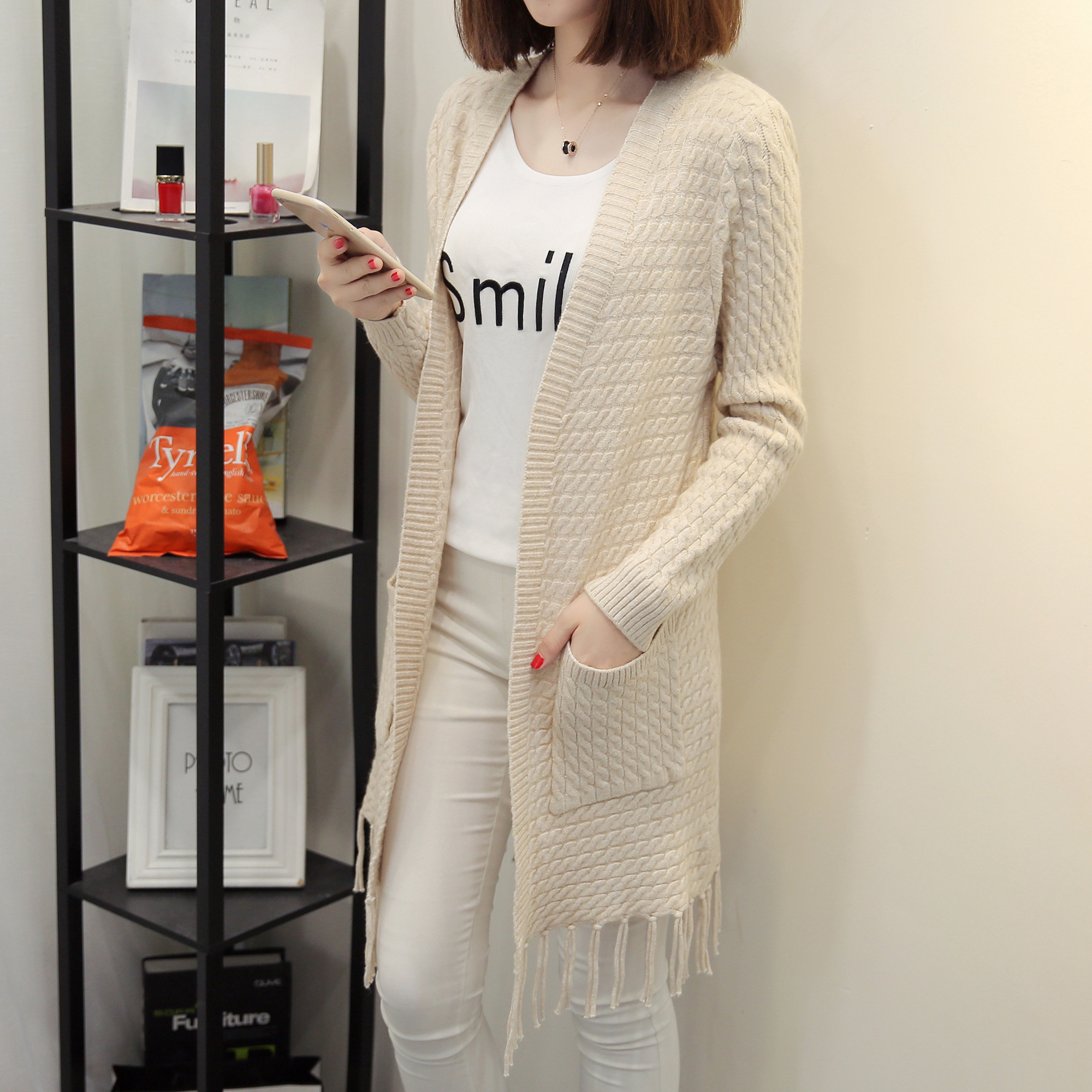 实拍优质版2017秋季新款韩版宽松中长款流苏针织衫女开衫毛衣外套