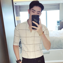 Summer large plaid white shirt mens short sleeves Korean version of the trend handsome slim-fit seven-point sleeve Ruffian handsome casual mid-sleeve shirt