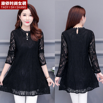 Long Sleeves Lace Undershirt 2022 Spring Autumn New Fat Mm Big Code Loose Color Slim Mid-Length Mama Clothing Blouse