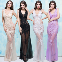 Nightclub sexy womens perspective dress slim fishtail lace ktv club transparent dress deep V dress long section