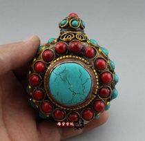 Antique collection snuff bottle copper inlaid turquoise antique snuff bottle high-end business Foreign Affairs gift small handle