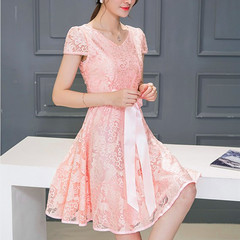 2016夏装新款 韩版修身淑女裙 中长款蕾丝雪纺连衣裙
