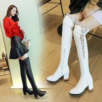 2018 New Knee Boots womens high heel boots winter thick heel white round head leather sexy lace boots