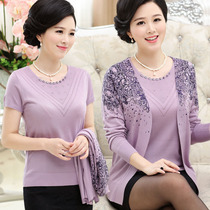 Moms loose real two-piece suit middle-aged and elderly women spring knitted long-sleeved cardigan jacket short-sleeved T-shirt thin