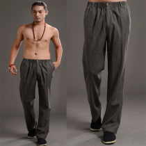 Tang style mens Chinese style spring and Autumn mens casual pants Linen mens pants Straight loose cotton and hemp elastic waist mens pants