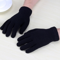 Korean winter thick warm Mens gloves single layer plus Velvet Pure black knitted mens and womens five finger gloves