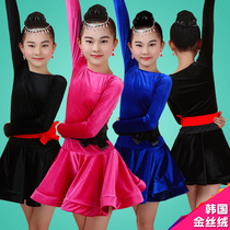 Childrens Latin dance Dresses Golden Velvet Young Children Autumn Winter Girls Competition Performance Practice Rules for Long sleeves