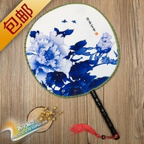 Classical silk fan Palace fan long handle round fan Chinese style creative gift fan retro female fan transparent ancient fan