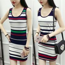 Summer New Sleeveless Round Collar Color Striped Lady Midlength Harnesses Vest Cotton Sashimi Body Wrap Hip Undercoat Dress