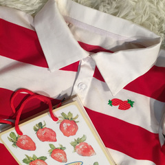 独家定制ulzzang 日本可爱学生运动风草莓刺绣条纹polo上衣