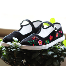 New handmade lasagline cloth shoes female farmhouse bottom black stripel embroidery shallow buckle traditional cloth shoes