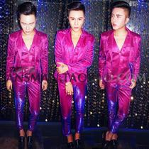 Male singer performance clothing men slim color rose purple suit set host dress nightclub DJ
