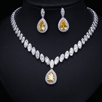 Luxury AAA micro-inlaid zircon necklace earrings water drop set chain Japanese and Korean fashion high-end banquet jewelry bridal set